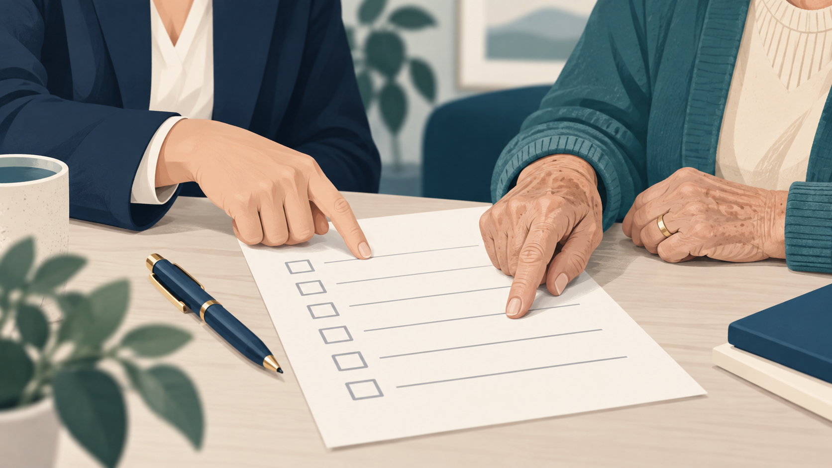 Підготовка документів для опіки Родич і літня людина перевіряють перелік документів